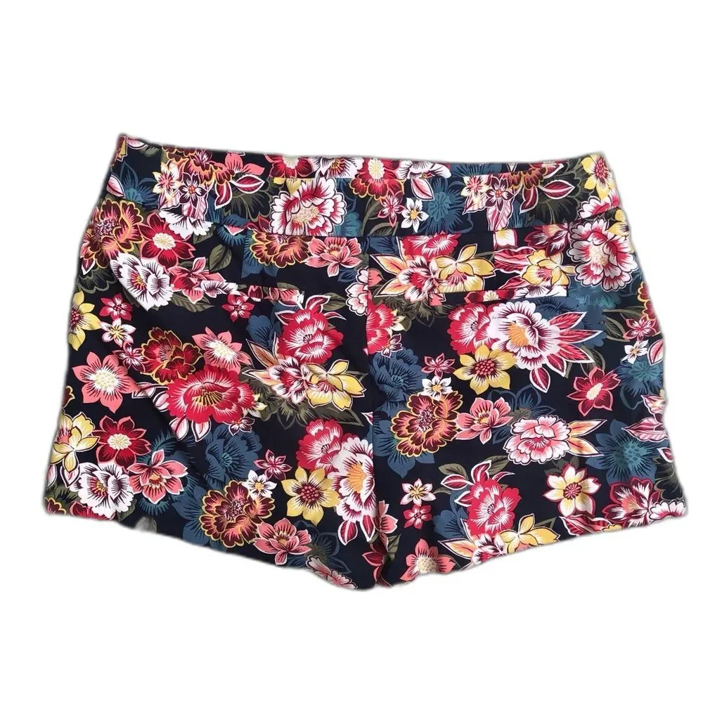 LOFT Loft Riviera Shorts Navy Blue Red Floral Printed Stretch Cotton 14